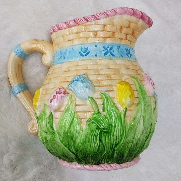 Vintage Spring Tulips Basket Weave Design Pitcher - Picture 1 of 7